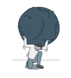 Cartoon man kneeling and struggling to carry a large, heavy rock overhead.