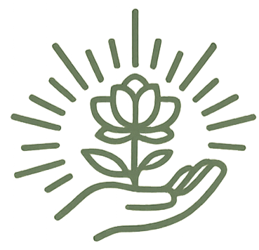 Line drawing of a hand holding a blooming flower with rays of light radiating outward.