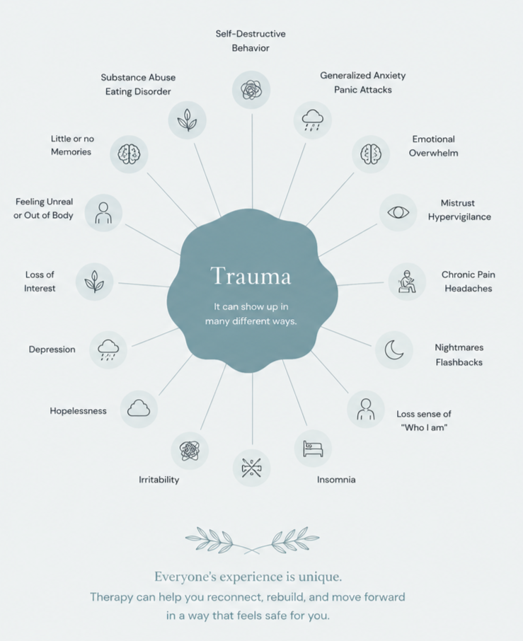 Trauma-informed therapy graphic by Heidy Milena Davila AMFT exploring emotional overwhelm, anxiety, nervous system stress, hypervigilance, and healing in California.
