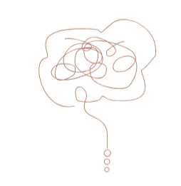 A simple line drawing of a human head with a thought bubble containing scribbles, representing thinking or confusion.