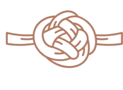 Illustration of a woven knot design on a brown band or strap.
