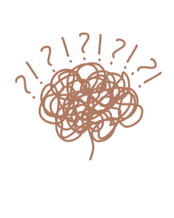 A tangled mess of lines with question marks around it indicating confusion or a difficult question.