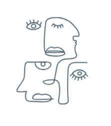Line drawing of a face with closed eyes, lips, and flowy hair, surrounded by other abstract facial features and shapes.