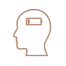 Outline of a human head with a battery icon inside the brain area, symbolizing mental energy or cognitive battery.