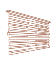 Brown wooden slatted window blind with a cable loop at the top