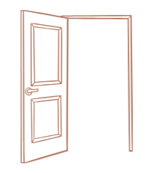 Outline drawing of an open door with a doorway frame.