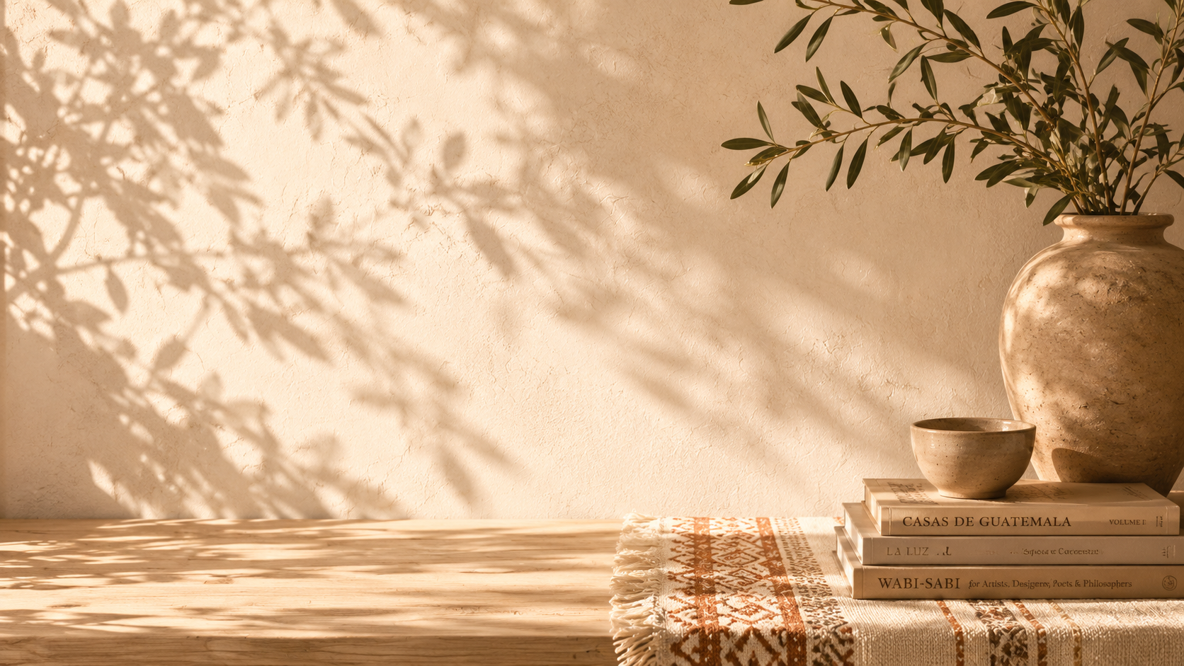 A ceramic vase with tall green leaves, a small bowl, stacked books, and a decorative cloth on a wooden surface, with sunlight casting shadows on a textured wall.