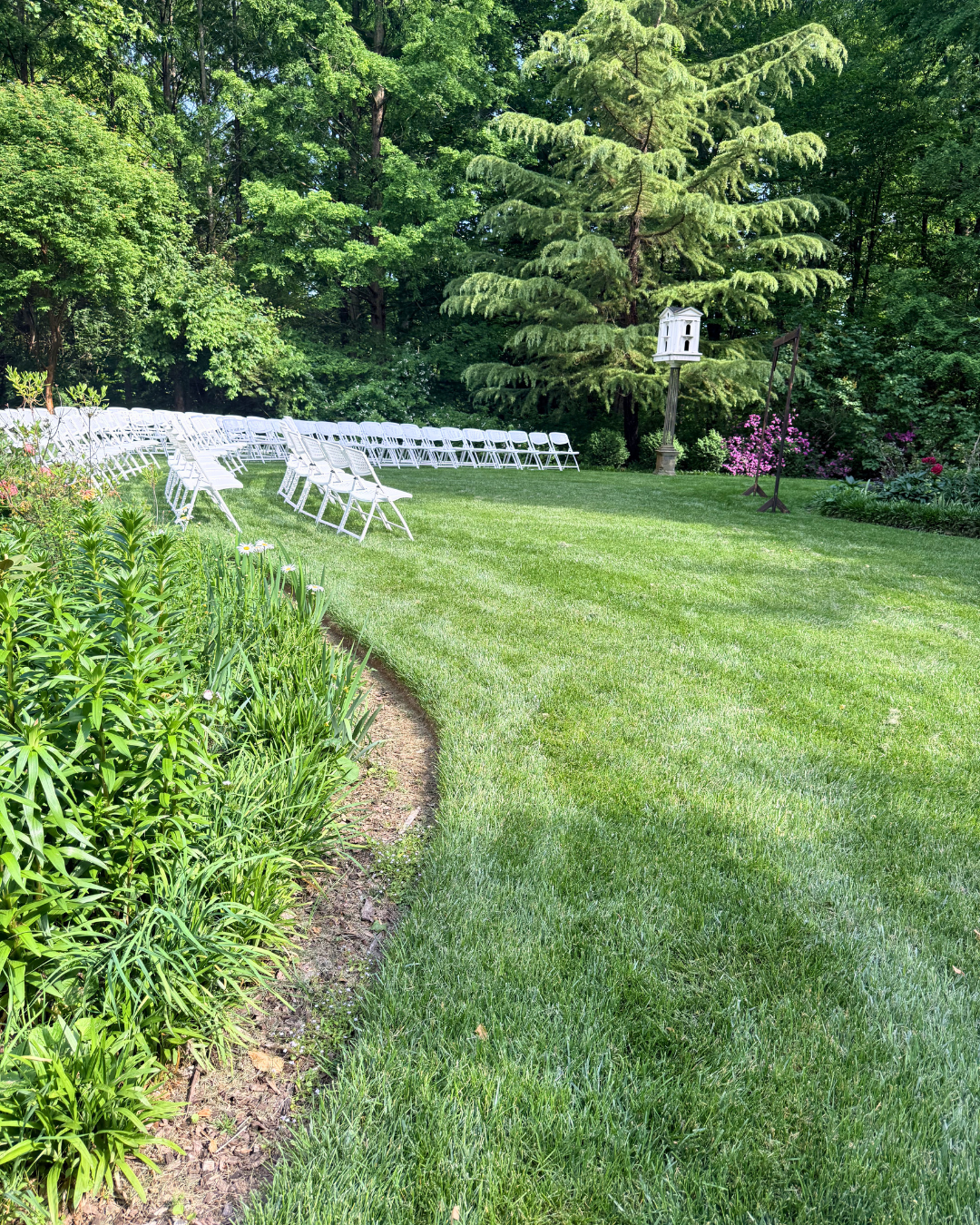 A lush green garden with white chairs arranged in rows, a birdhouse on a tall stand, pink flowering bushes, and a backdrop of tall trees and dense foliage.