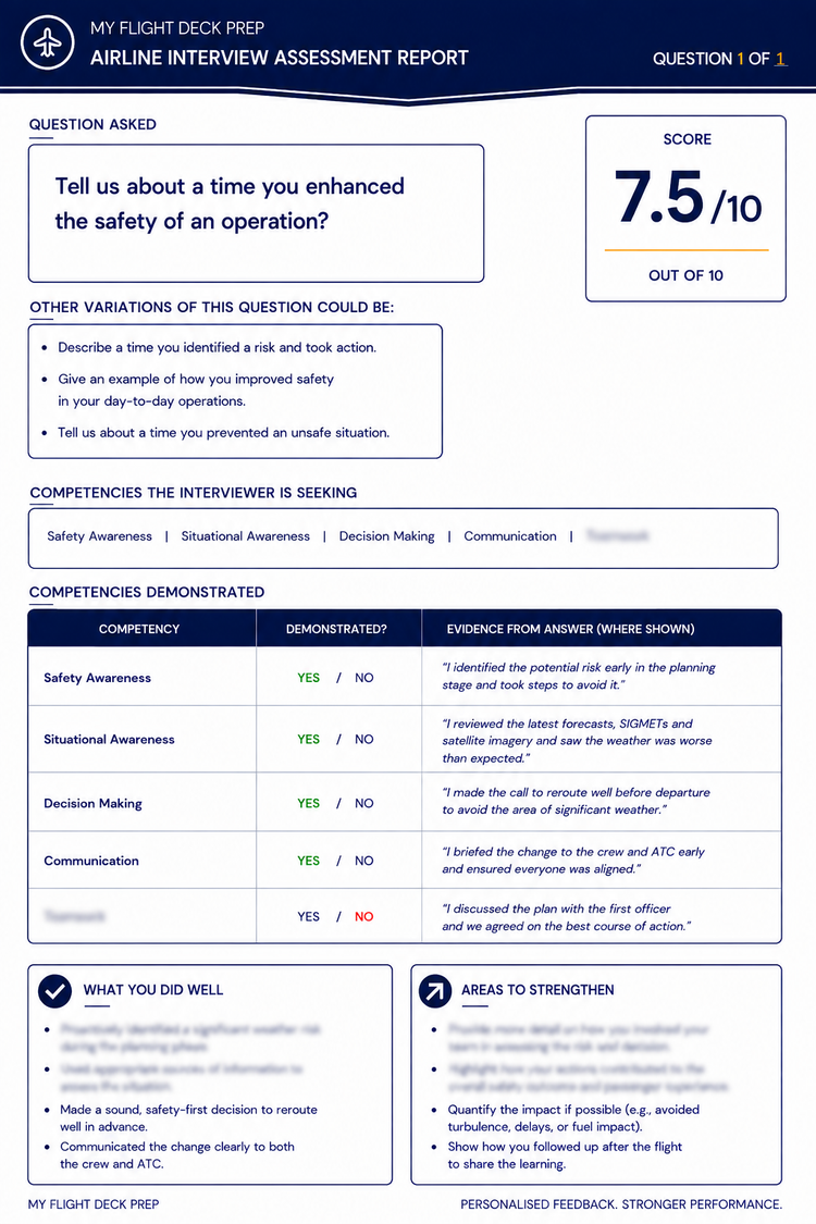 My Flight Deck Prep Airline Interview Assessment Report example