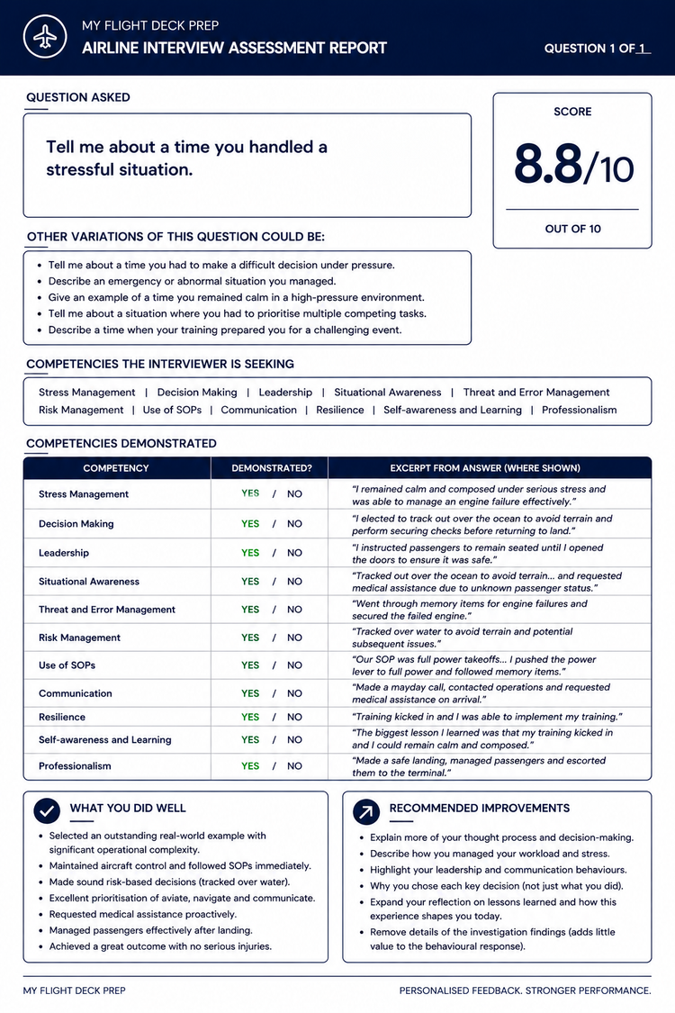 My Flight Deck Prep personalised interview coaching report