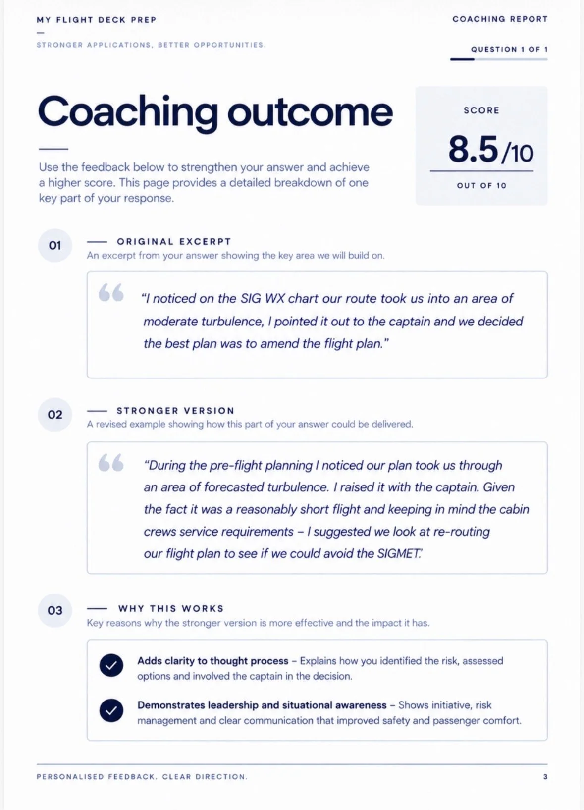 Final page of the personalised My Flight Deck Prep coaching report