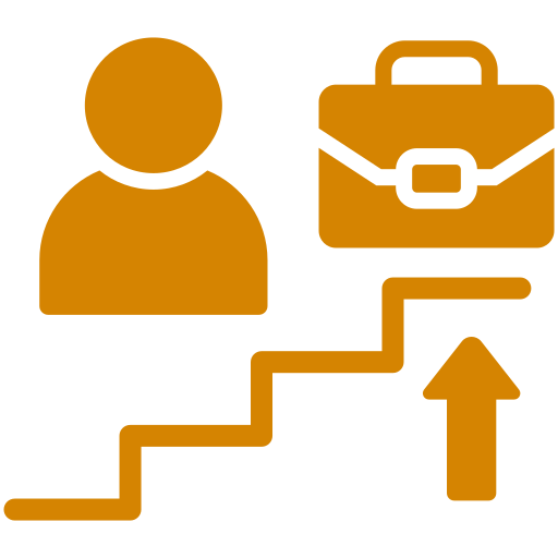A graphic icon of a person, a briefcase, and an upward arrow, representing career advancement or professional growth.