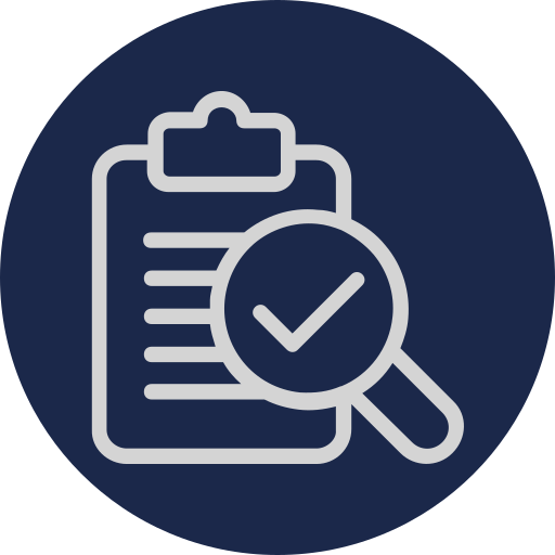 Icon of a clipboard with a magnifying glass and a checkmark indicating inspection or approval.