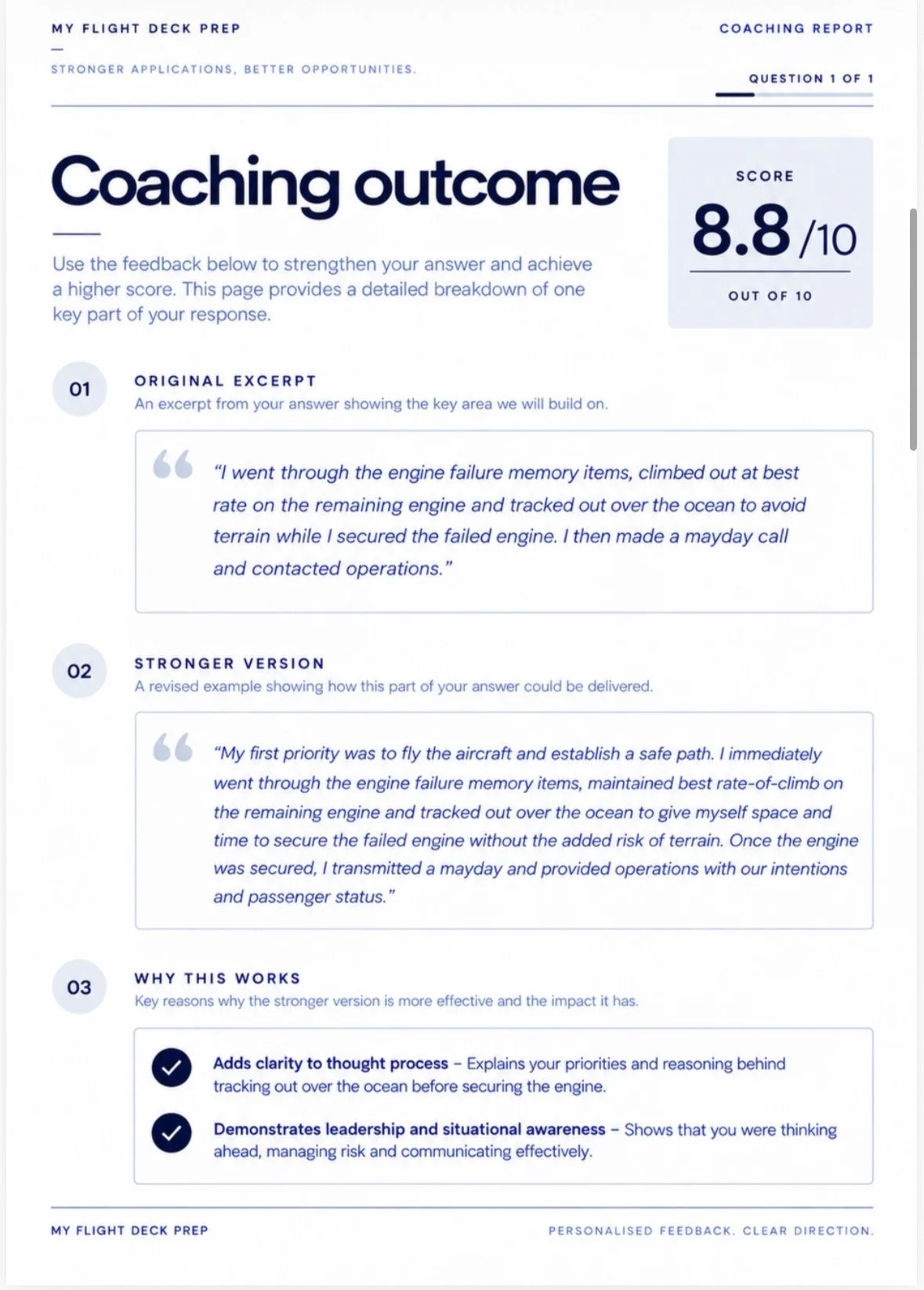 Personalised coaching report showing coaching outcomes and recommended answer improvements