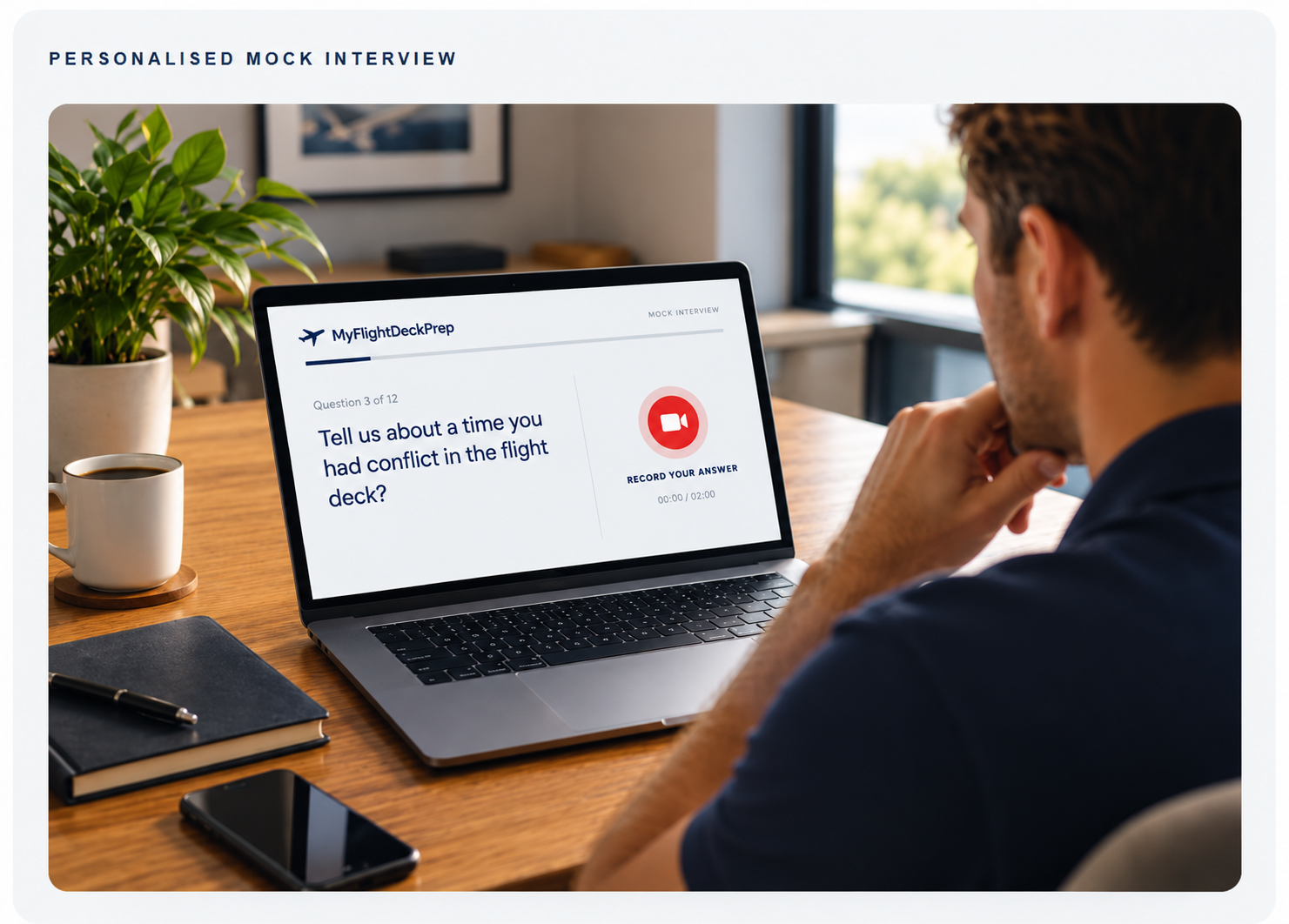 Pilot preparing for an airline interview using the My Flight Deck Prep personalised practise interview platform
