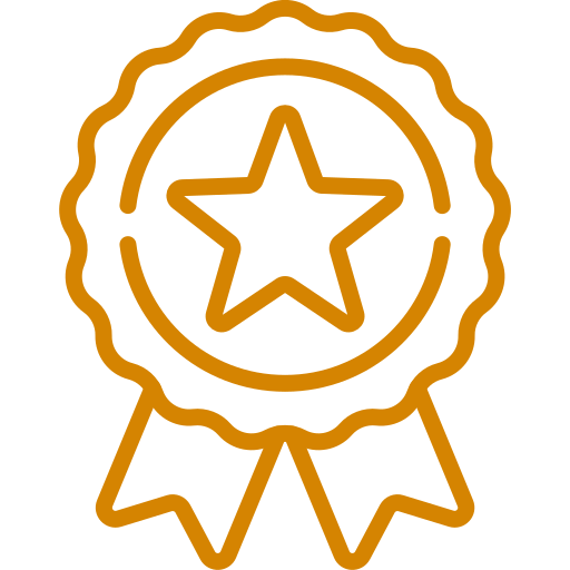 Outline illustration of a medal or award ribbon with a star at the center and two ribbons hanging below.