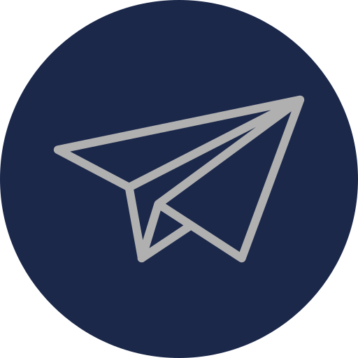 Icon of a paper airplane on a dark blue circular background.