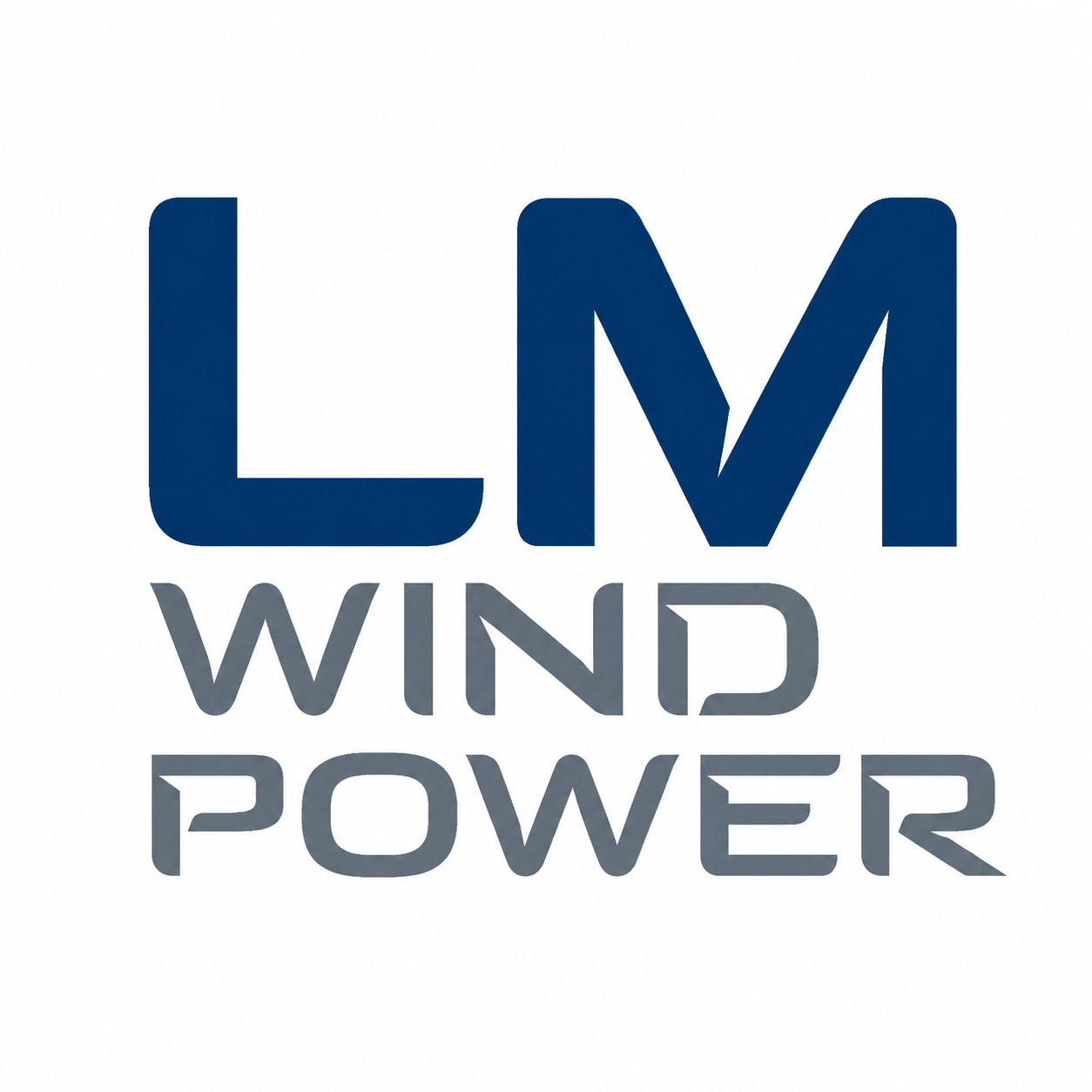 Typography logo with large blue letters 'L M' above words 'WIND' and 'POWER' in gray, all centered on a white background.