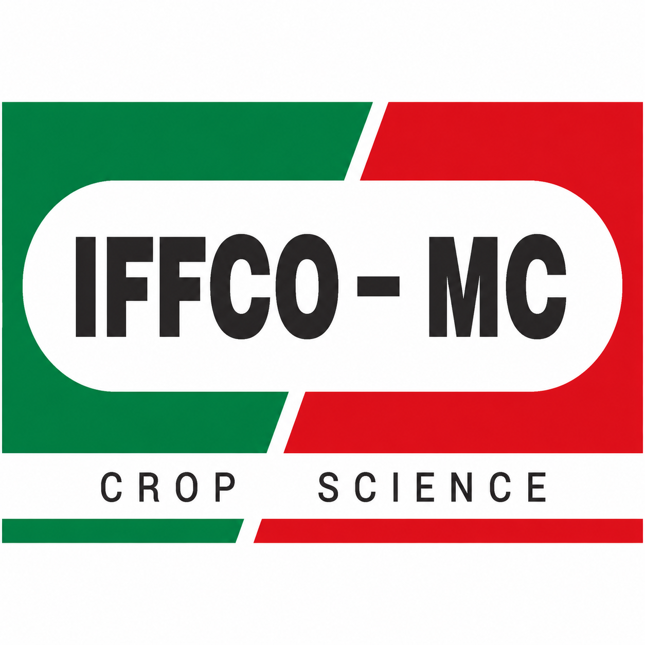 Logo with green and red sections, featuring the text 'IFFCO-MC' in bold black letters inside a white oval, and 'Crop Science' written below.
