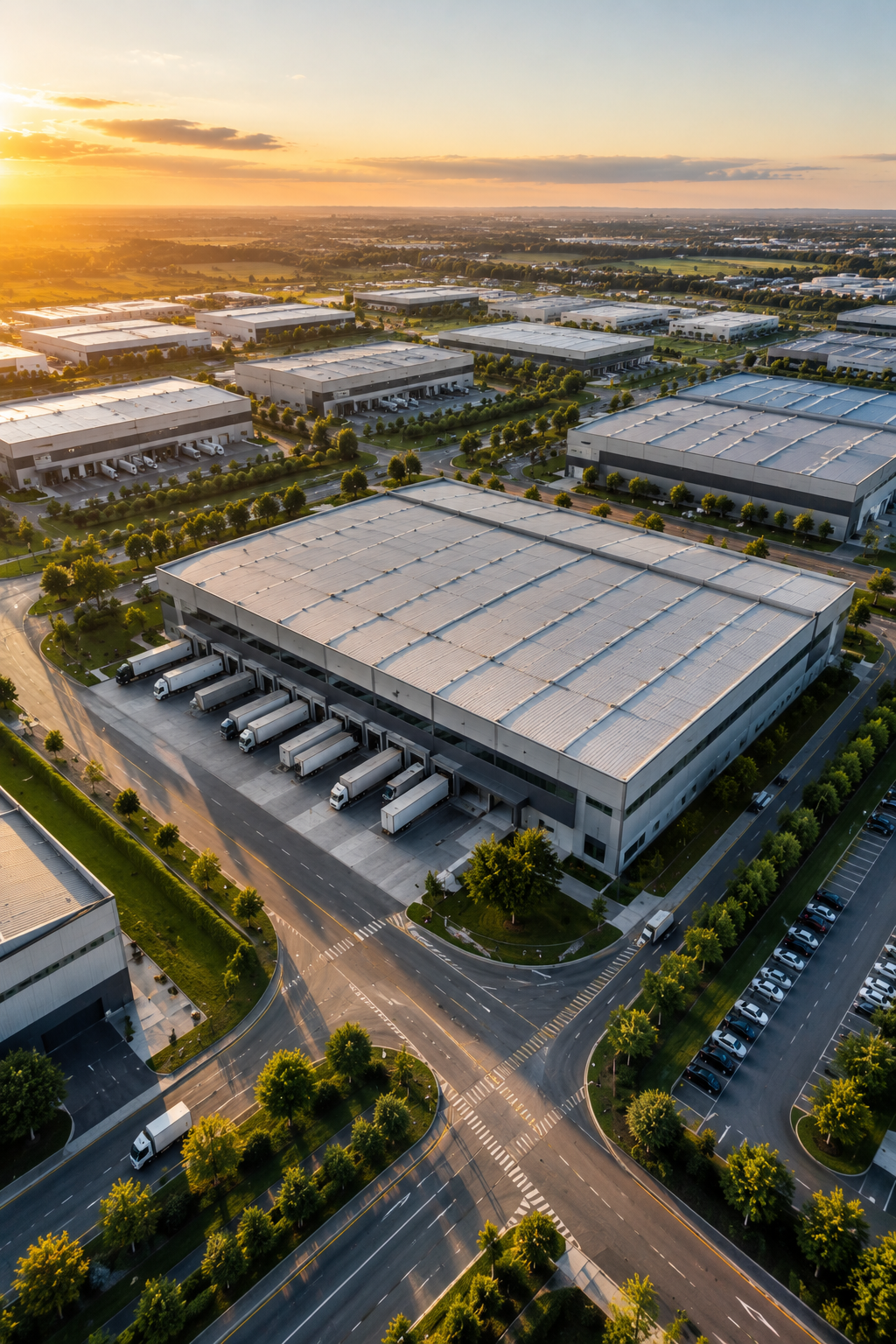 Aerial view of a large warehouse complex with trucks parked at loading docks, surrounded by roads and green trees during sunset in Halol - Vadodara, Gujarat.