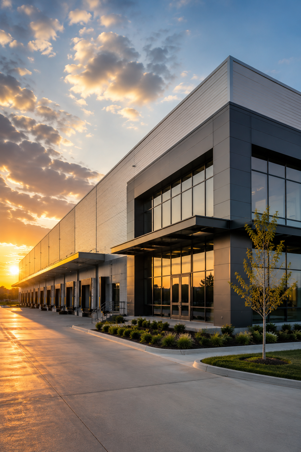 Modern industrial warehouse during sunset with large glass windows and a landscaped sidewalk in Halol - Vadodara, Gujarat.
