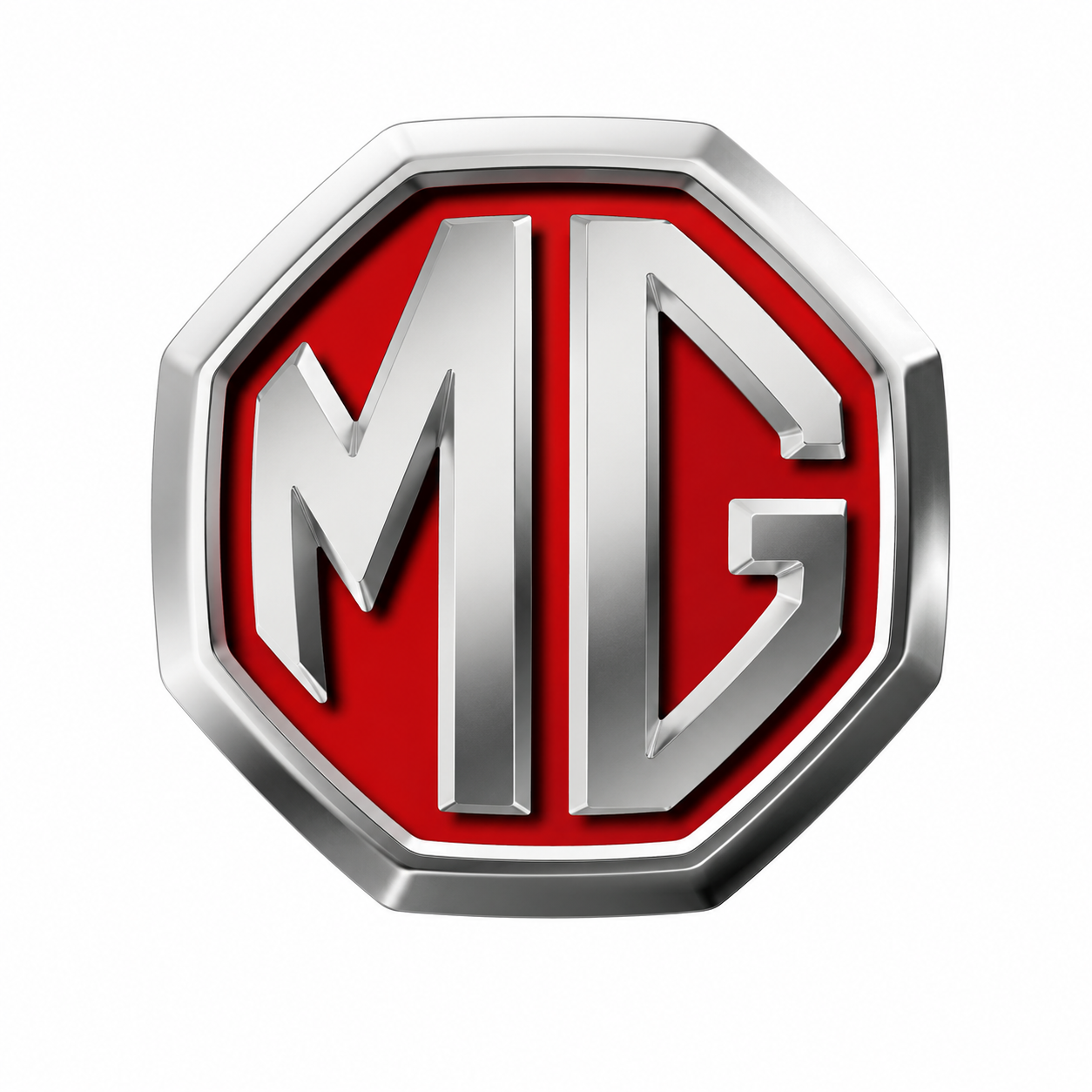 Close-up of MG logo with chrome letters on red and silver background.