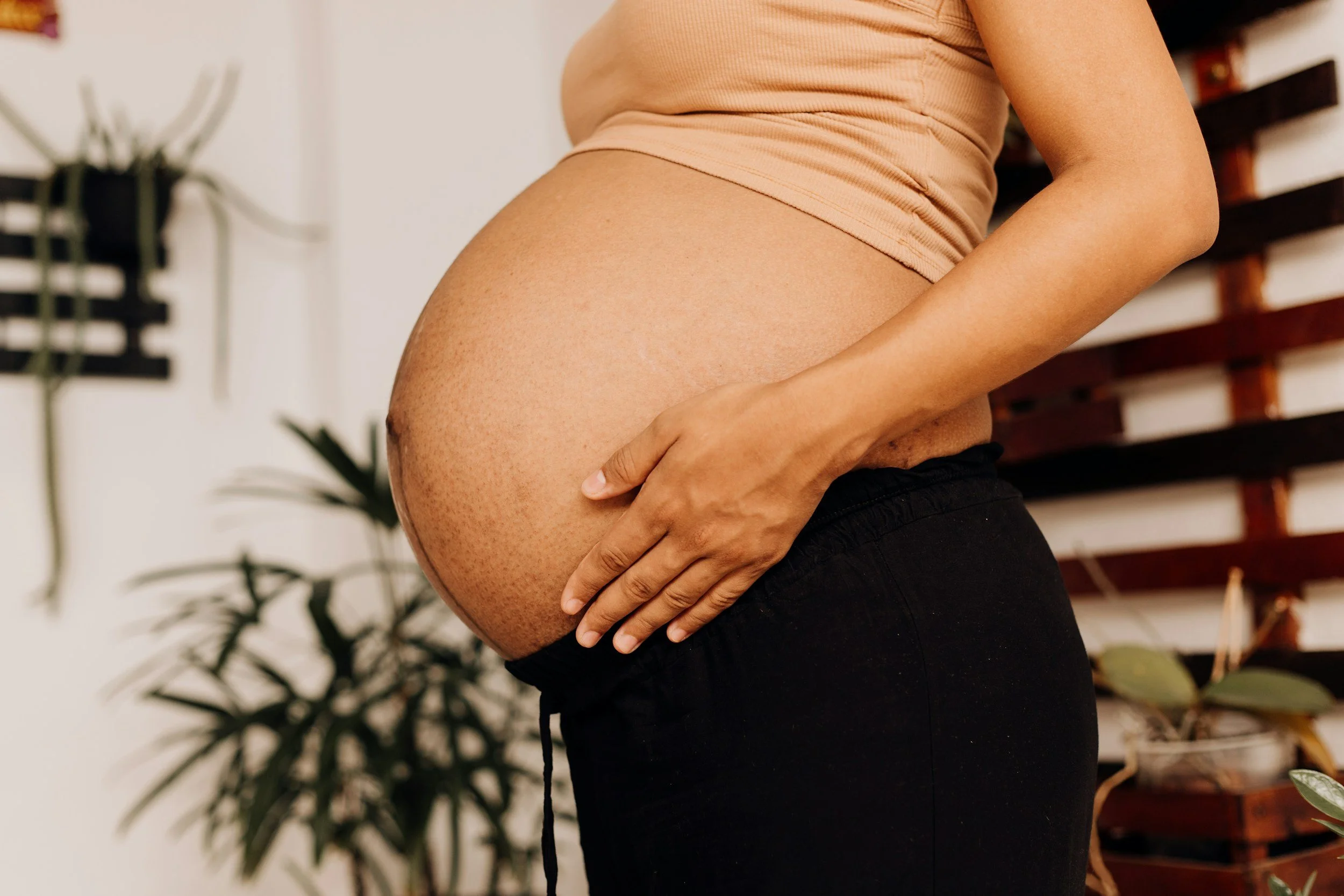 Side view of a pregnant woman holding her belly while standing indoors, with plants and shelves in the background.