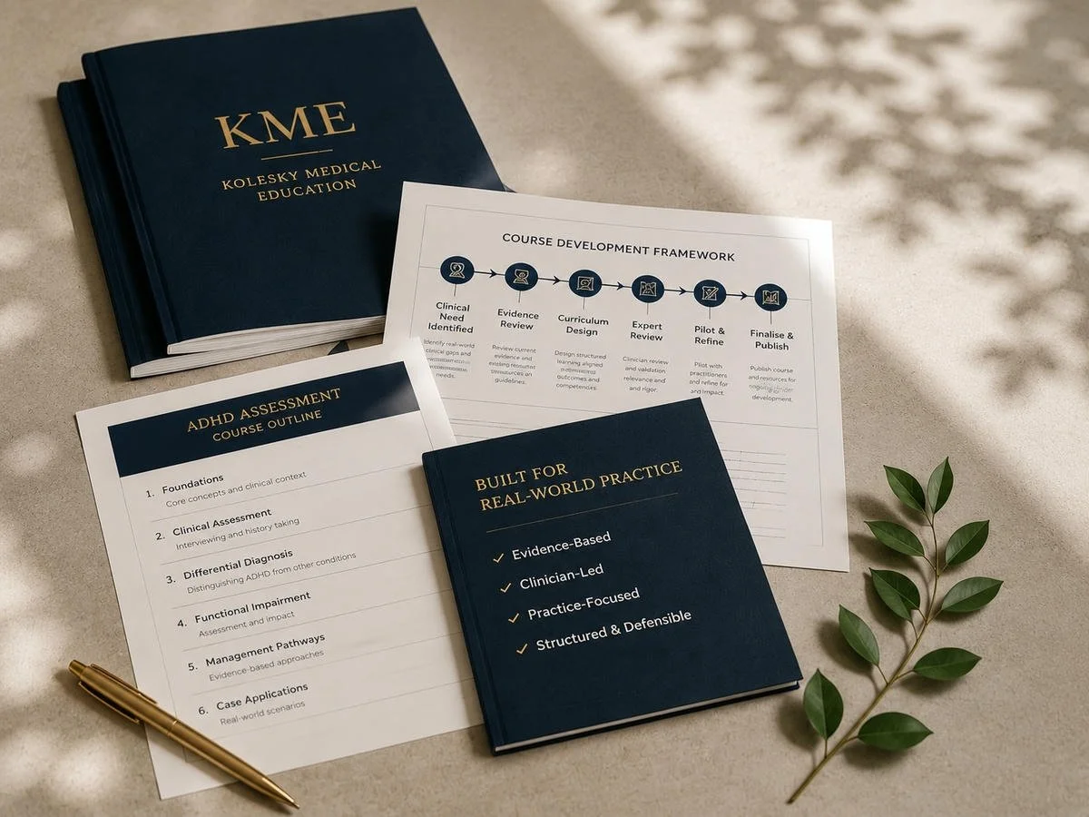 Educational materials including a dark blue book titled 'KME KOLESKY MEDICAL EDUCATION,' printed course outline on ADHD assessment, a smaller dark blue booklet titled 'BUILT FOR REAL-WORLD PRACTICE,' and a printed course development framework sheet, with a gold pen and a green leafy branch on a light-colored surface.