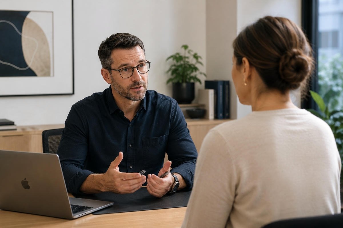 A male clinician and his female patient in a consultation
