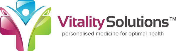 Vitality Solutions logo with abstract human figure and tagline 'personalised medicine for optimal health'