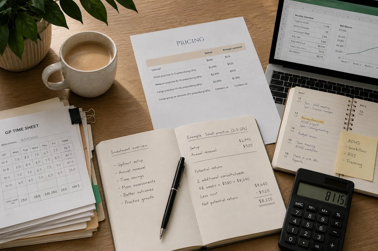 A workspace with documents, a laptop showing financial data, a notebook with notes on investment and practice, a calculator, a coffee cup, a potted plant, and sticky notes with handwriting.