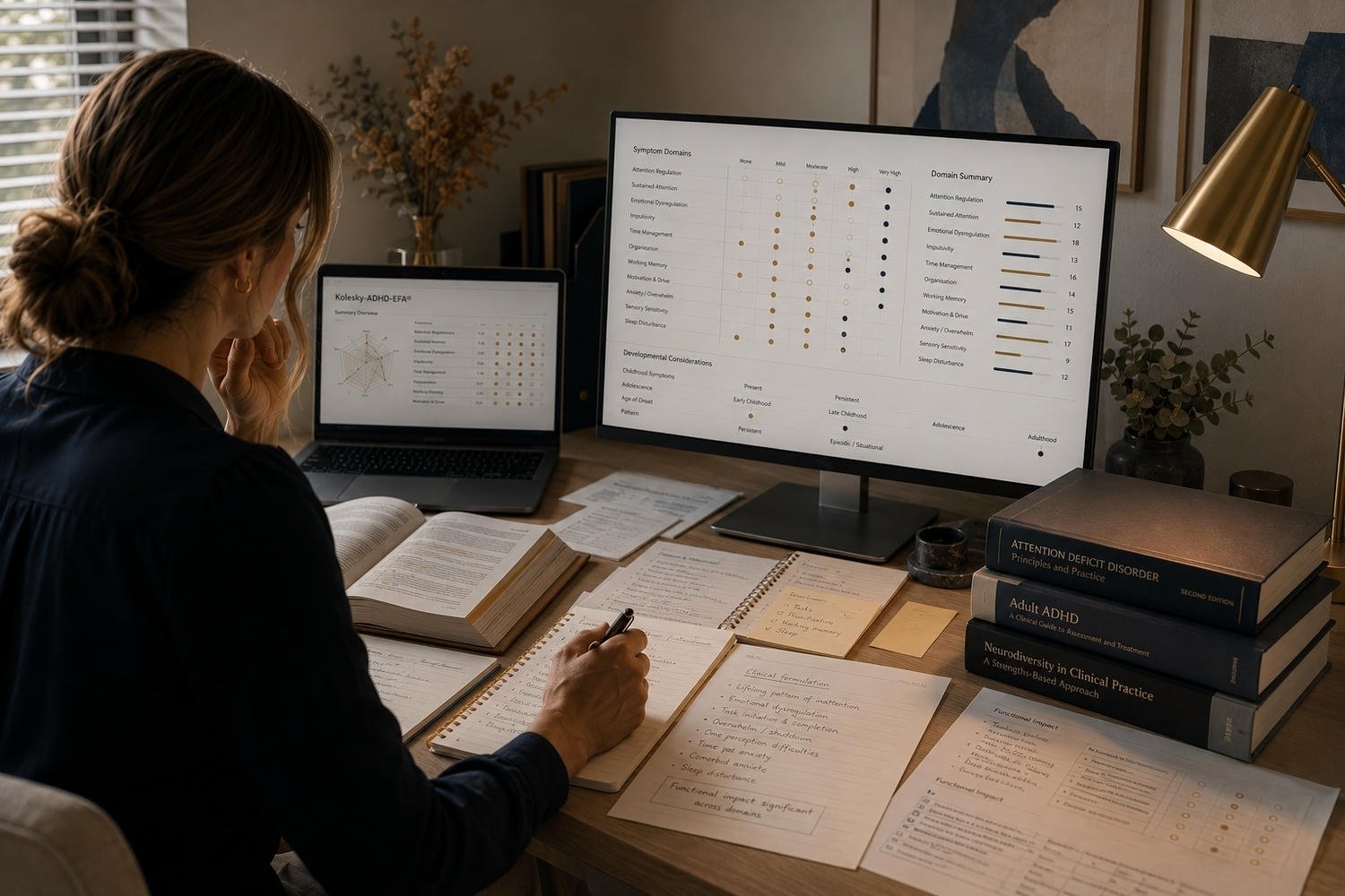 Woman analyzing data on computer monitor and writing notes at a cluttered desk with books, papers, and a laptop.