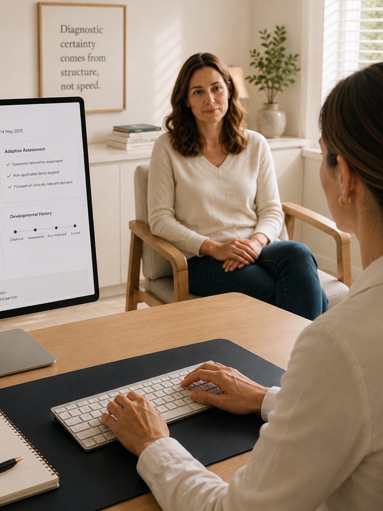 A patient sitting in a chair being interviewed by a General Practitioner at a desk in a bright, modern office.