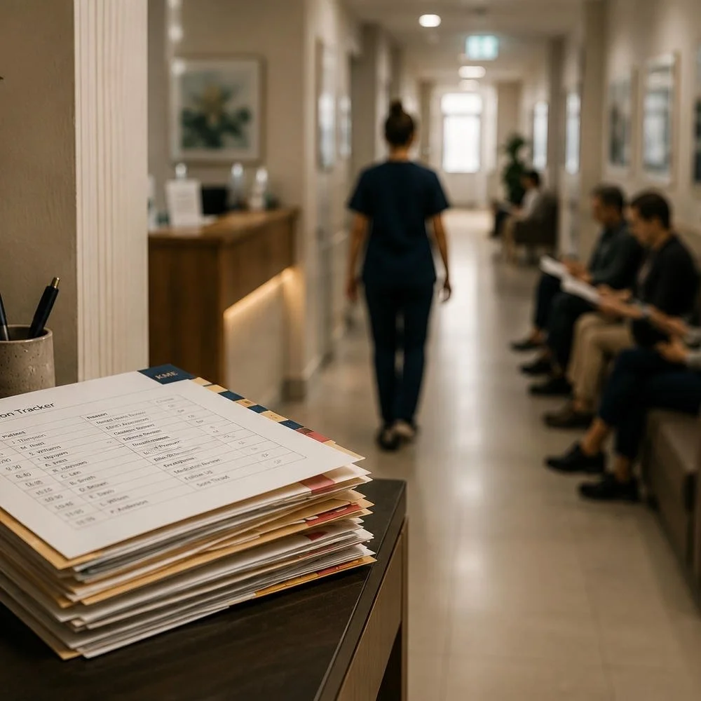 Busy waiting room in a primary care clinic with a pile of documents