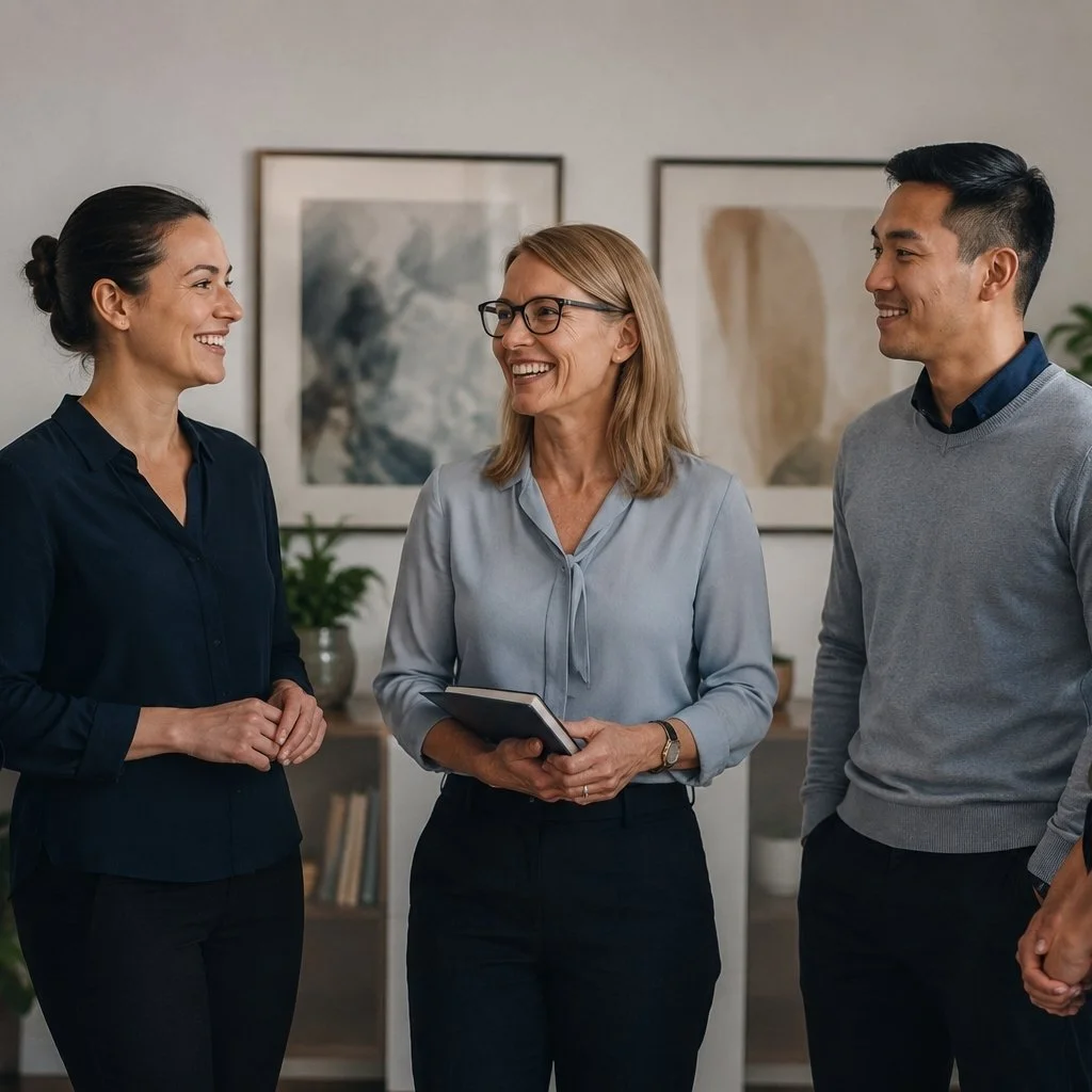 Three health practitioners smiling and talking indoors, with framed artwork and a potted plant in the background.