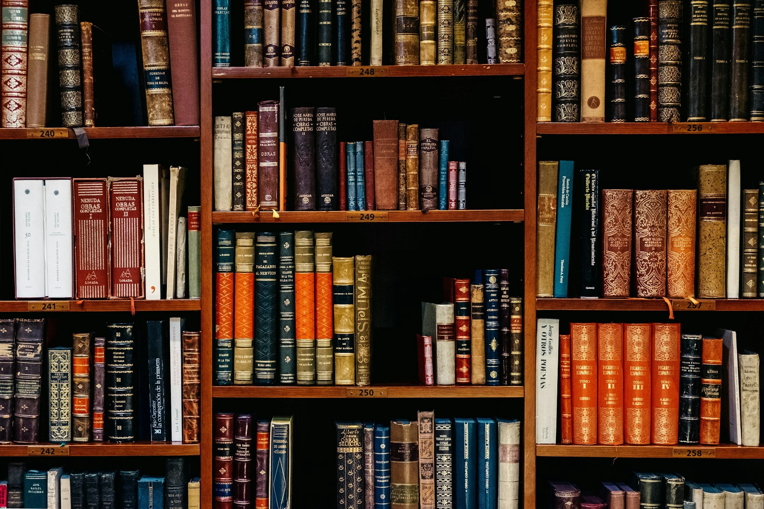 Bookshelves filled with various colorful hardcover books arranged vertically.