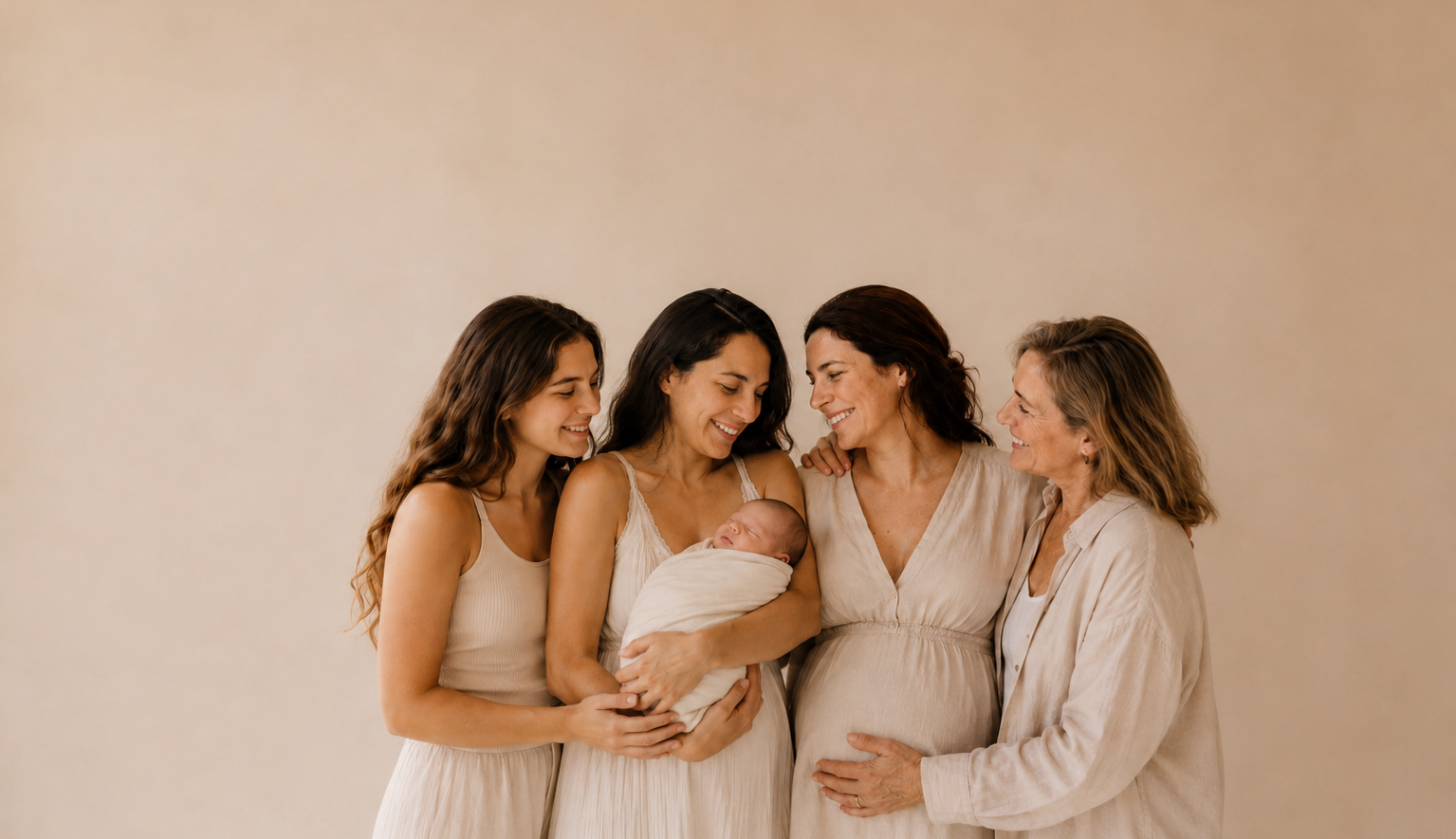 Four women hugging each other and a baby