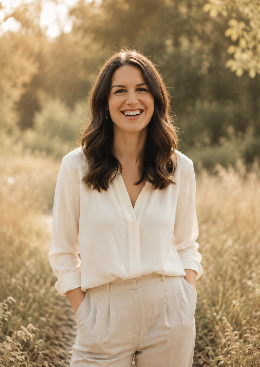 Naturopath standing outside in sunlight smiling happily