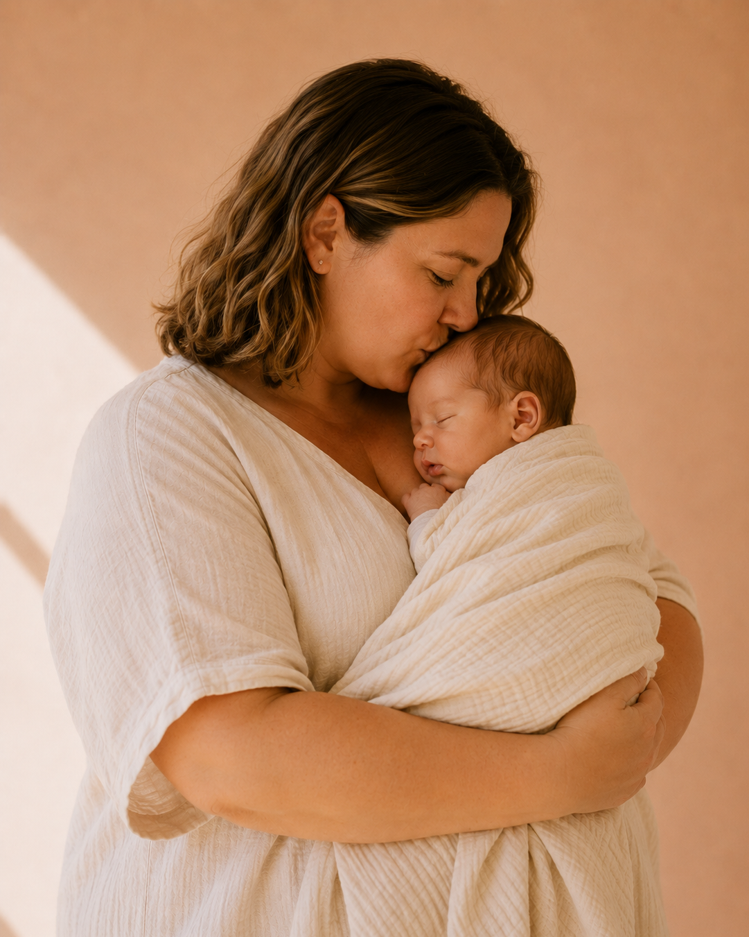 A woman holds a sleeping newborn wrapped in a cream-colored blanket; she gently kisses the baby's forehead.