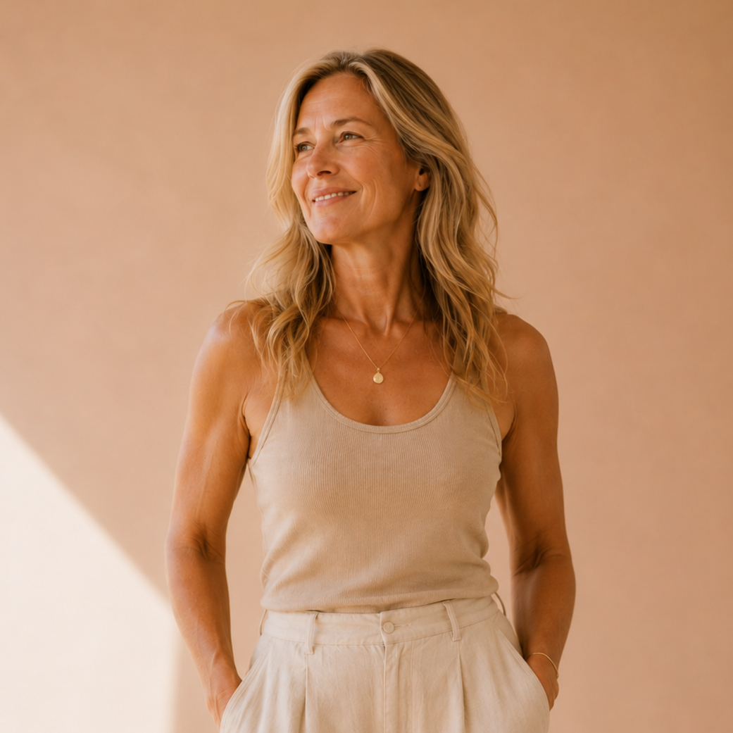 A woman in her 60's standing proudly in a relaxed position