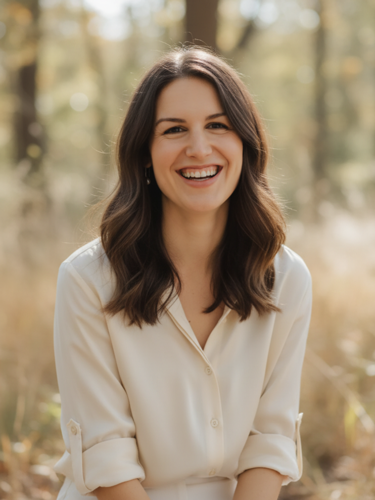 A woman smiling outdoors with long dark hair, wearing a cream-colored blouse, in a forest setting with sunlight filtering through trees.