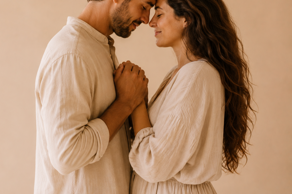 A man and a woman holding hands, smiling lovingly at each other