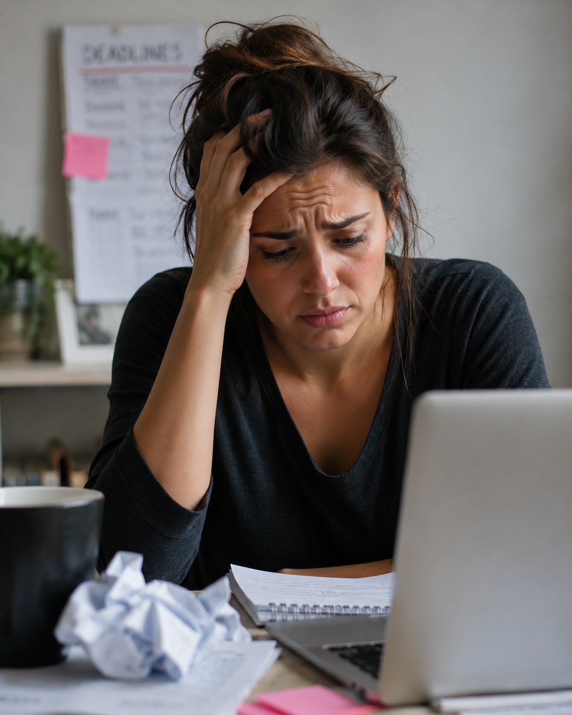 Frustrated woman with dark hair in a messy bun holding her head with one hand, sitting at a cluttered desk with crumpled papers, a mug, and a laptop, in front of a blurred schedule or calendar on the wall.