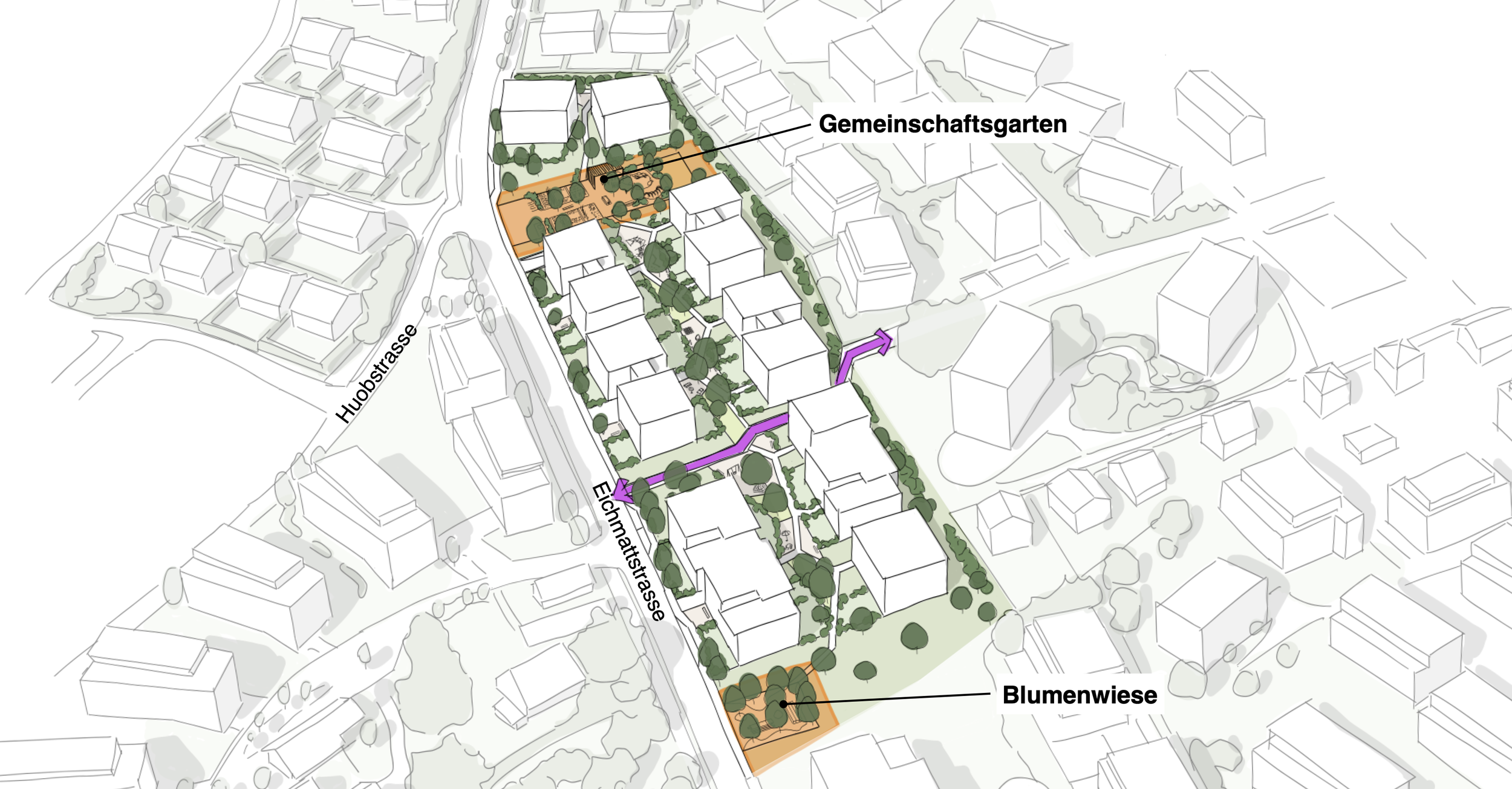 Lageplan eines Stadtviertels mit Gemeinschaftsgarten und Blumenwiese, zeigt Straßen, Häuser und grüne Flächen mit Bäumen.