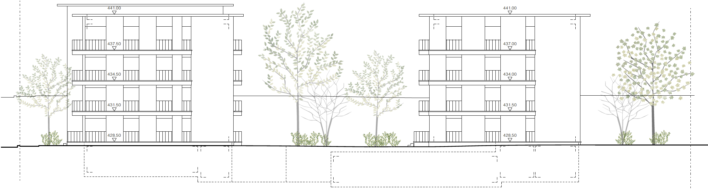 Architektonischer Entwurf eines Mehrfamilienhauses mit fünf Stockwerken, Balkonen und Bäumen im Vordergrund.