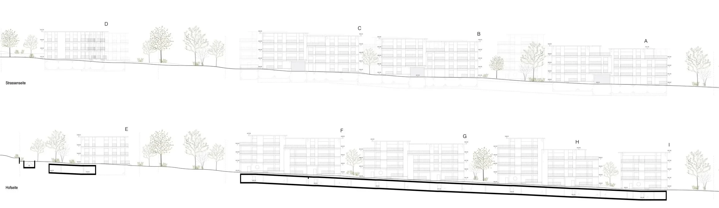 Architektonischer Entwurf eines mehrstöckigen Wohngebäudes mit Bäumen auf beiden Seiten, Schnitte und Ansichten der Gebäudefassaden, Grundrisse und Geländeverläufe.