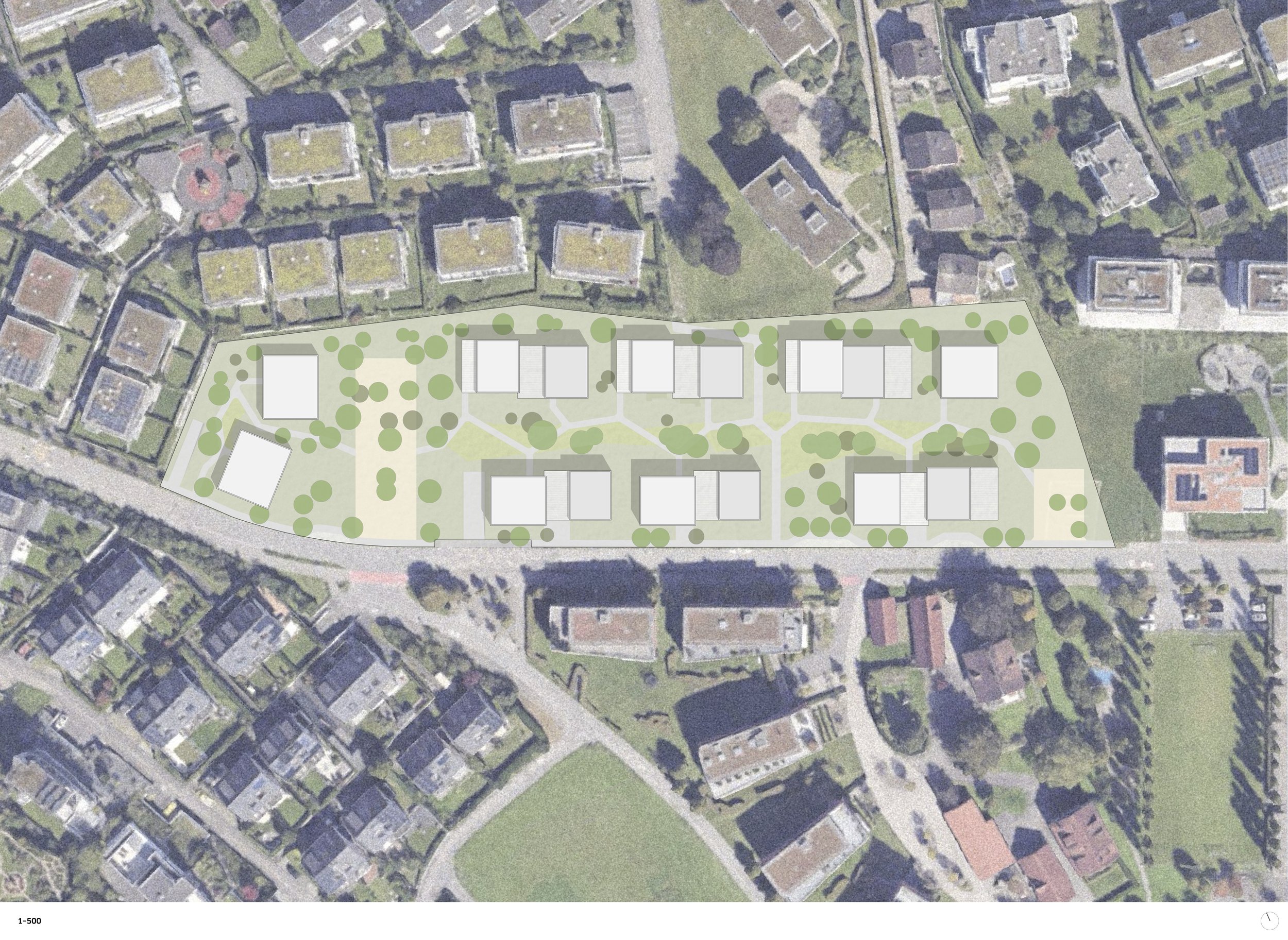 Luftaufnahme mit Situationsplan der geplanten Bebauung "Eichmatt Nord" in Hünenberg. Die Szenerie umfasst Häuser, Bäume, Wege und Grünflächen.
