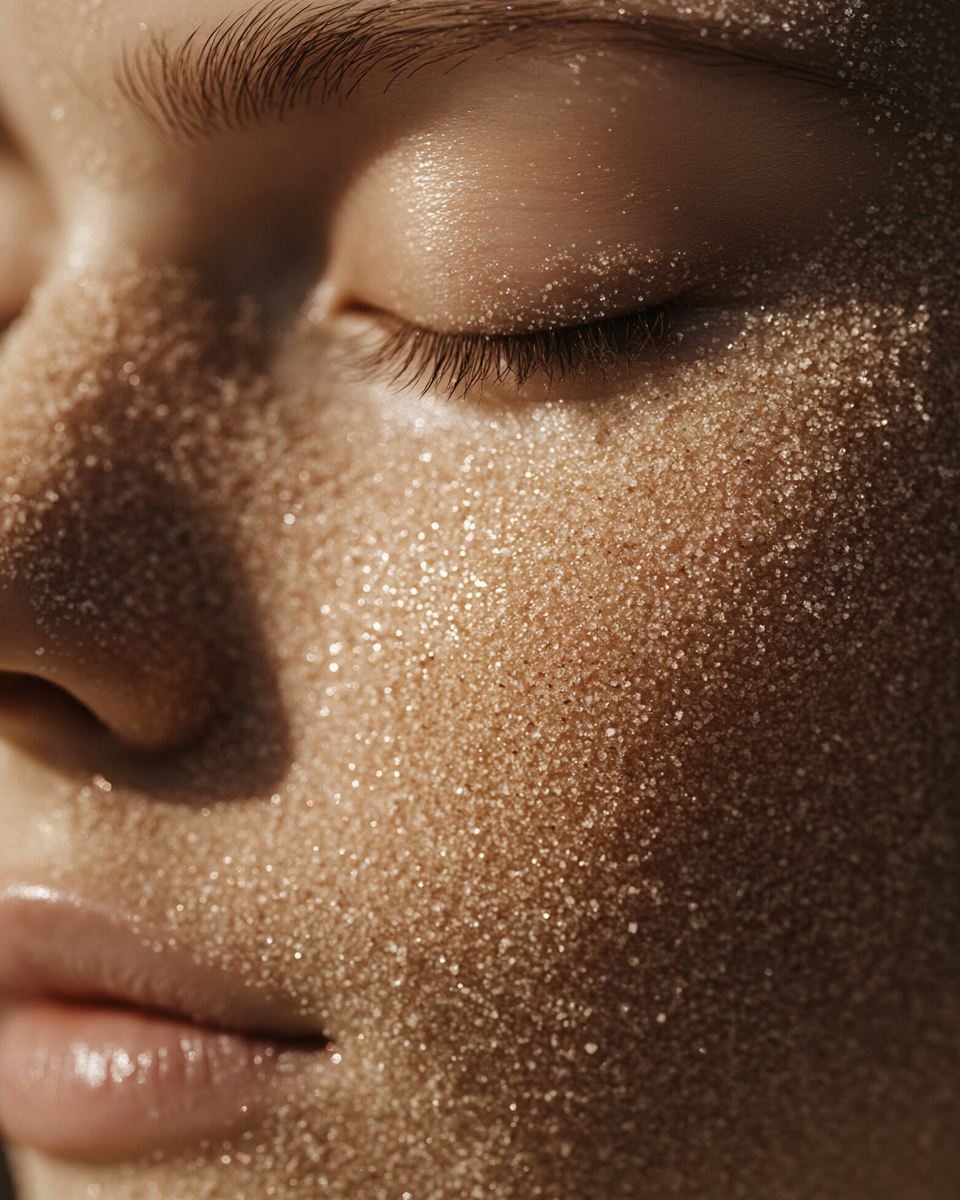 Close-up of a person's face with closed eyes, gold glitter on skin, and a soft, focused expression. Toronto luxury facials. Toronto medical grade treatments.