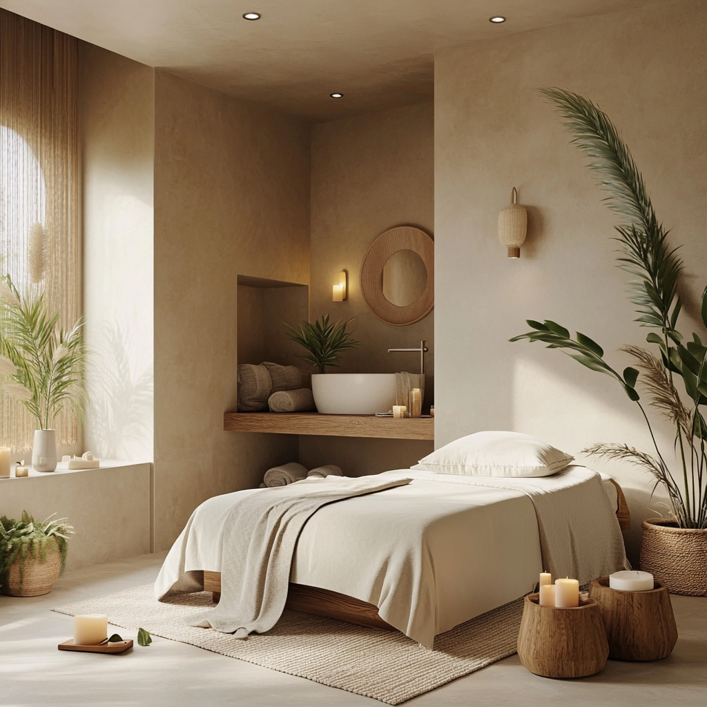 A cozy minimalist bedroom with a massage table, neutral tones, natural plants, candles, and decor in warm beige and brown shades. Toronto zen facial studio.