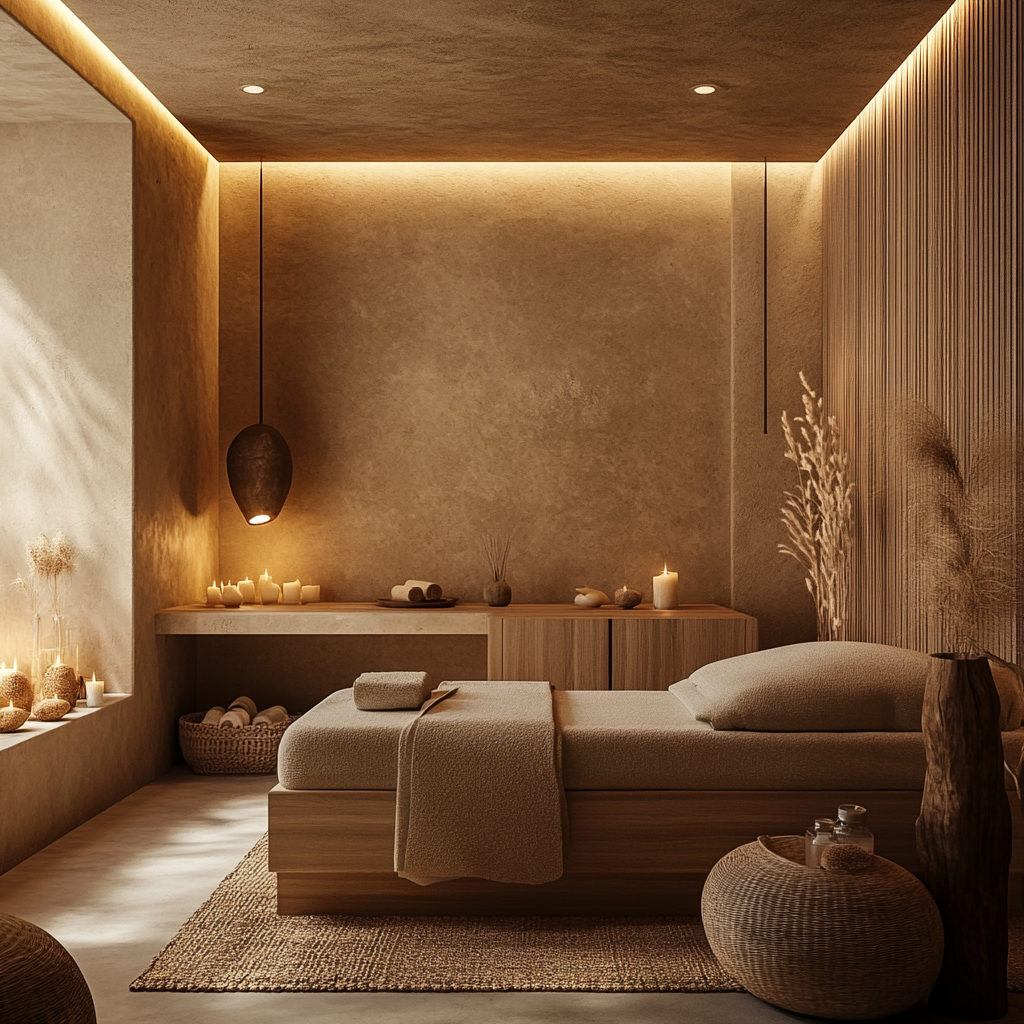 A serene massage room with soft lighting, a massage bed with rolled towels, candles, natural decor, and warm earthy tones.